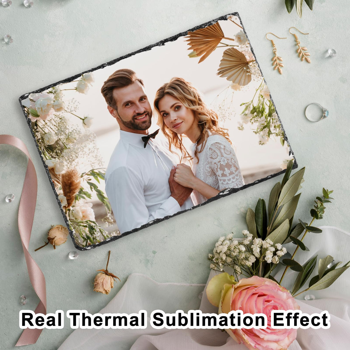 Keepwaters Sublimation Slate Blanks, Sublimate Slates With Display Holder, 6 Pack Square Sublimation Plaque, Heat Thermal Memorial Slates Rock Stone Photo Frame For Desktop Souvenir DIY Picture Keepwaters