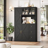 FINETONES Farmhouse Pantry Cabinet, Kitchen Pantry Storage Cabinet with Microwave Stand, Ktichen Hutch Food Pantry Cabinet with Open Countertop and Adjustable Shelf for Kitchen Dining Room, Black FINETONES