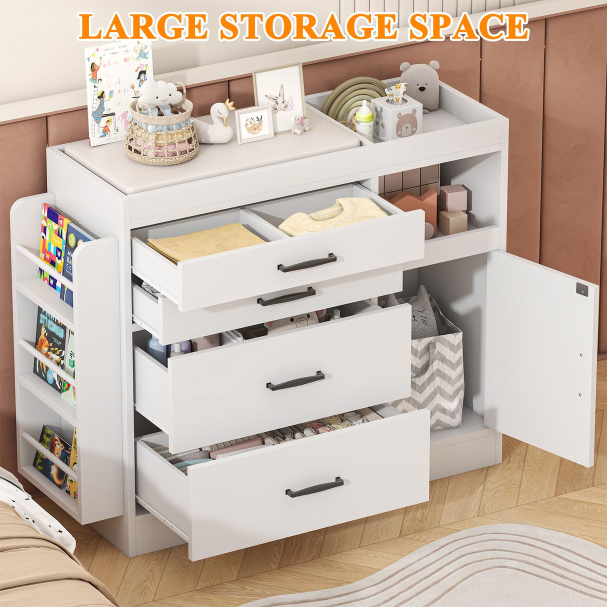 Bigbiglife Changing Table Dresser, Baby Nursery Dresser with 4 Drawers & 1 Cabinet & 3 Open Shelves Storage, Modern Diaper Changing Station for Children's Room, Changing Pad Included, White Bigbiglife