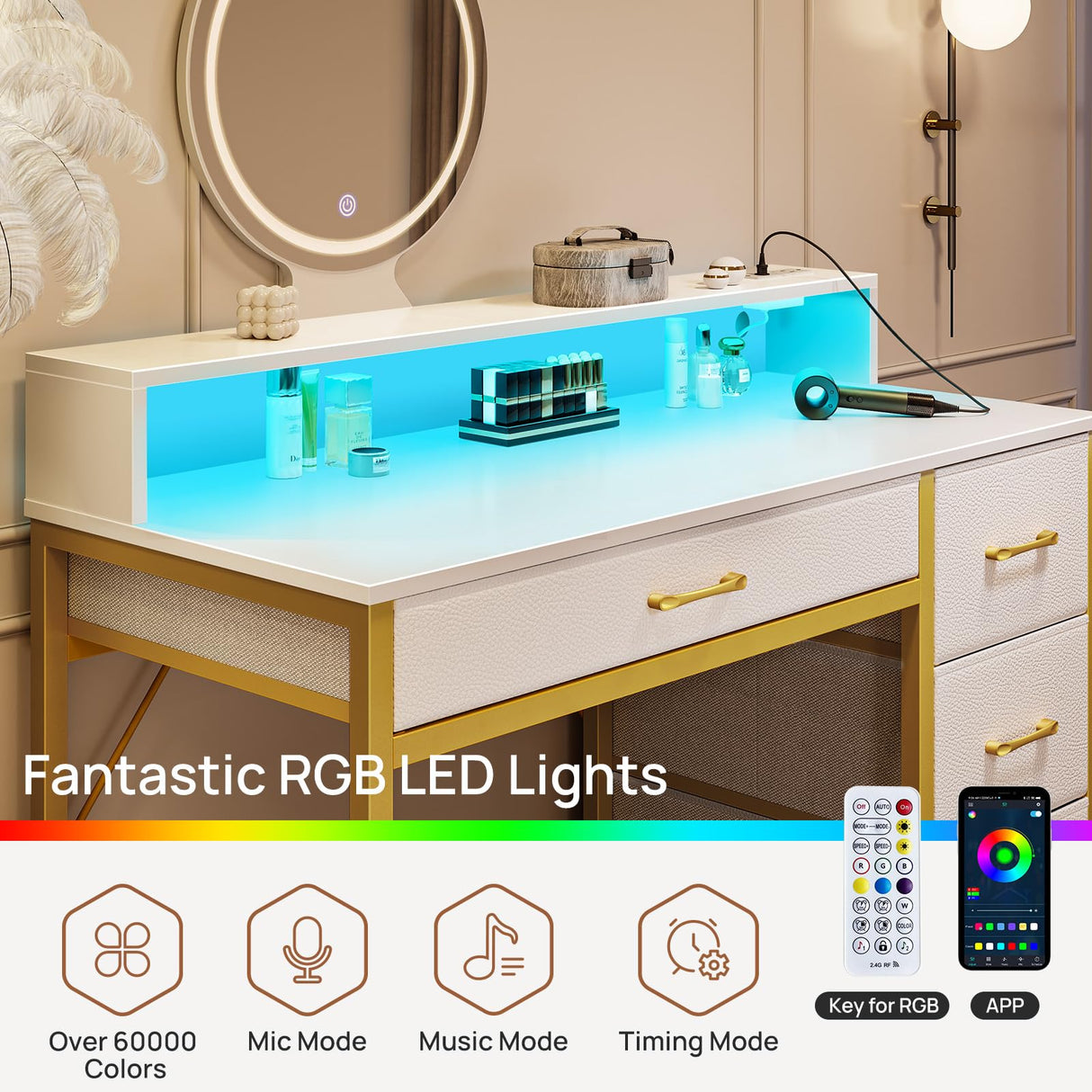 Seventable Vanity Desk with 4 Fabric Drawers, Vanity Table and Chair Set with Power Outlet & LED Strip, Makeup Table with 3 Adjustable Lighting Modes, White Gold Seventable