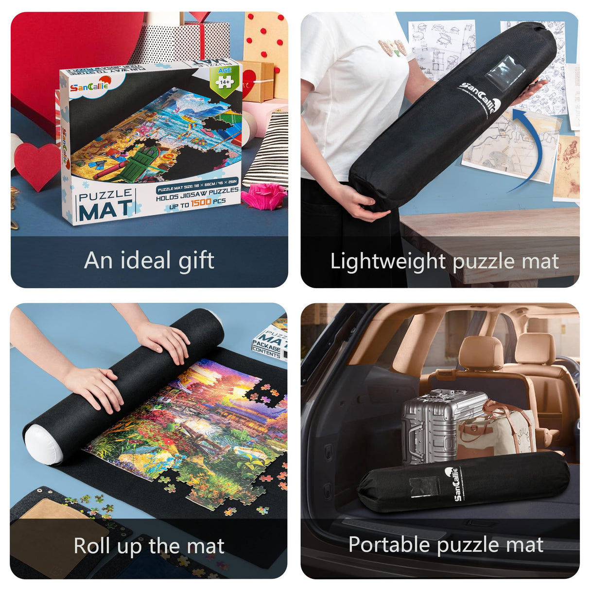 Sancallie Puzzle Mat Roll Jigsaw Storage Felt Mat, Jigroll Up to 1,500 Pieces with 4 Puzzle Trays, Material for Jigsaw Puzzle Player, Box with Drawstring Storage Bag Sancallie