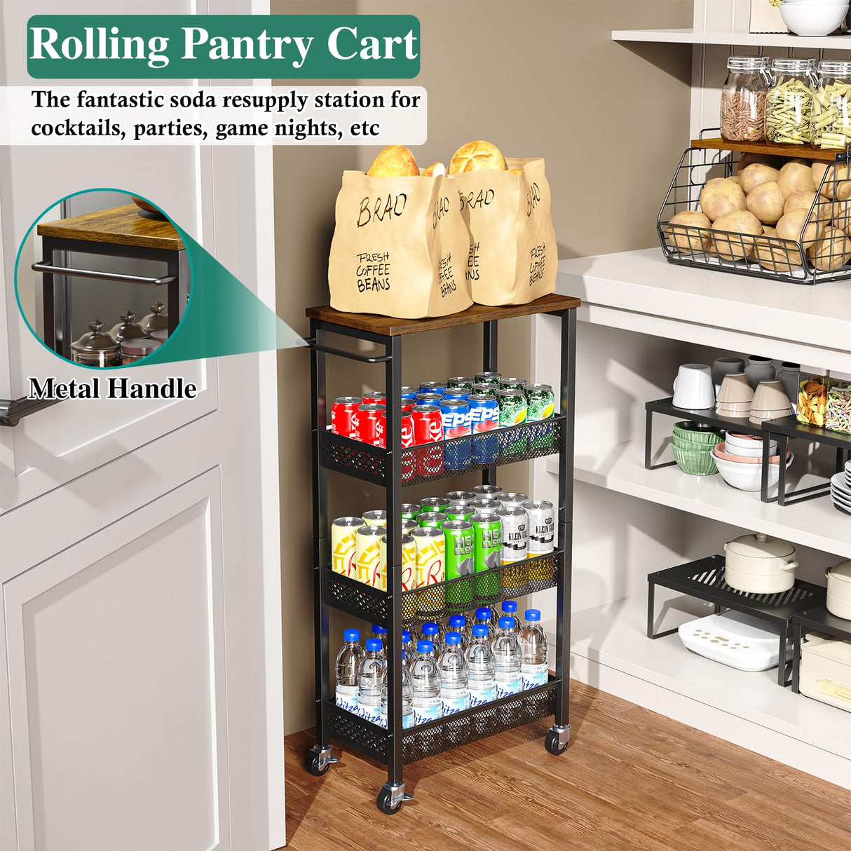 OKZEST Utility Slim Storage Cart, 4-Tier Narrow Bathroom Organizer and Storage Cart, Metal Narrow Kitchen Laundry Room Organization Rack with Wood Top, Slim Rolling Shelf with Wheels for Small Space OKZEST