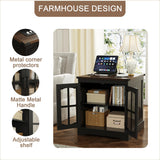 ChooChoo Rustic End Table, 24" Large Sofa Side Table with Charging Station & LED Light, Black Nightstand with Adjustable Storage Shelf, Square Bedside Table for Living Room, Bedroom, Office ChooChoo