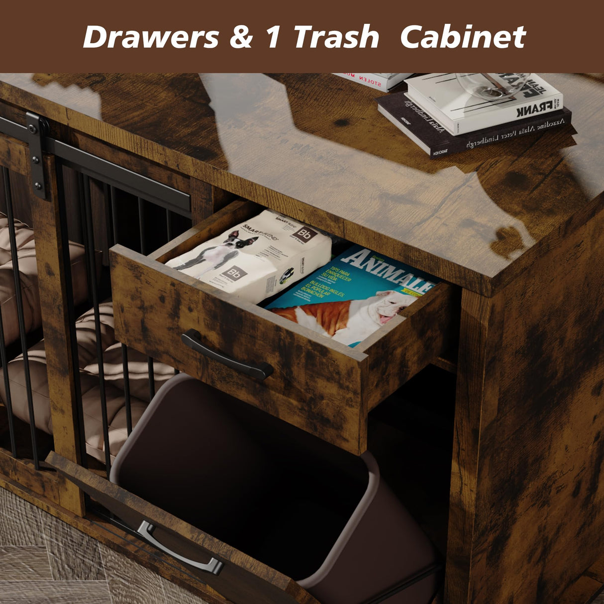 KIGOTY Furniture Style Dog Crate with Storage, 71 Inch Double Dog Crate for 2 Dogs, Wooden Large Dog Kennel with Drawers,Tilt Out Trash Cabinet,Divider and Sliding Doors (Rustic Brown) KIGOTY