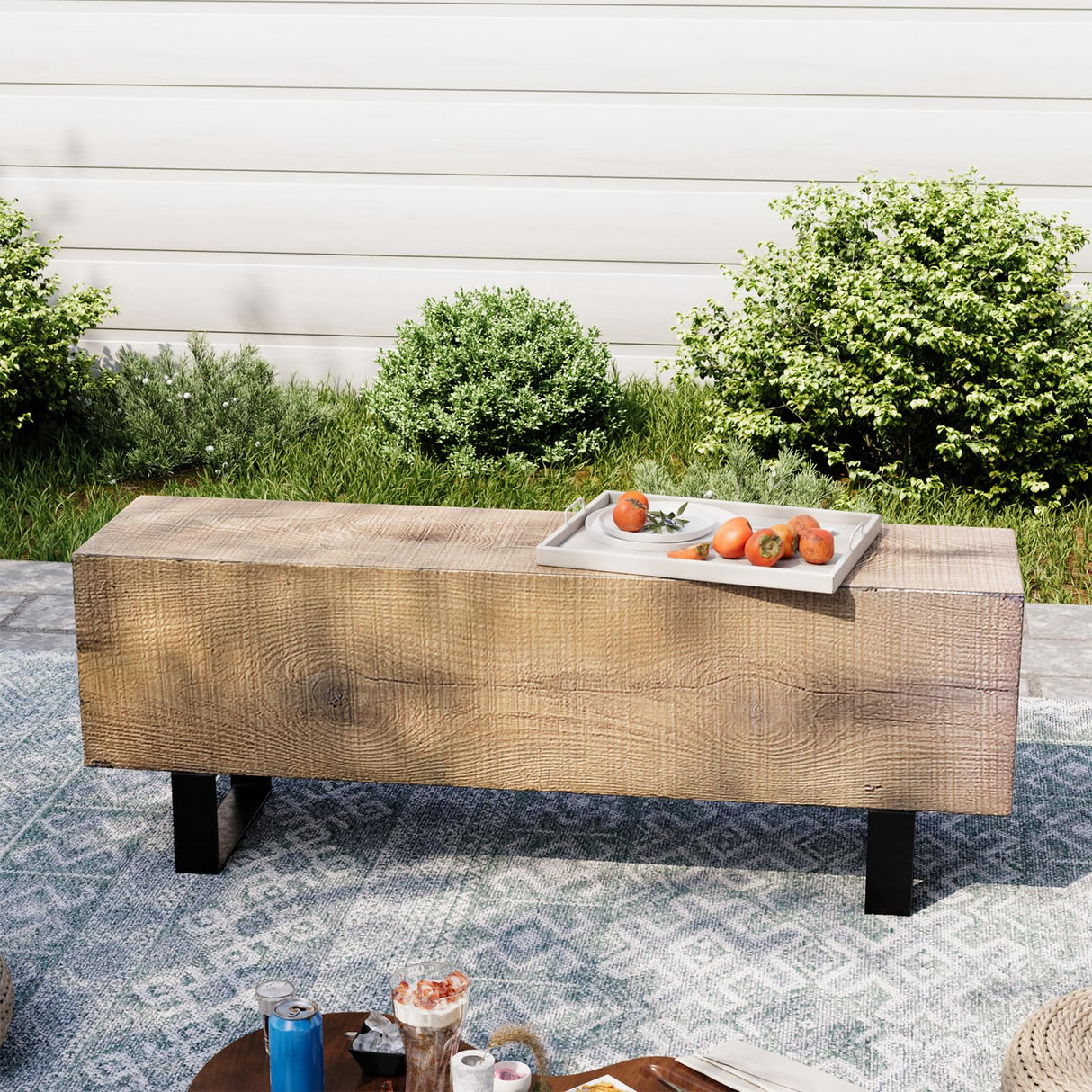 AQUILLA Modern Outdoor Bench, Faux Wooden Patio Bench, Concrete Backless Porch Bench Weatherproof, Anti-Rust Metal Legs Garden Benches for Entryway, Park, Yard (48",Light Brown) AQUILLA