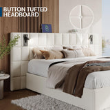 Jocisland King Size Upholstered Bed Frame with Widened Headboard,Lift-Up Storage Bed and Built-in Reading Light, Velvet Platform Frame, No Box Spring Required,Cream Jocisland