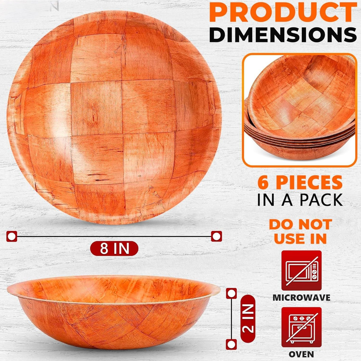 Rich&Richer Wooden Salad Bowl Set 6 Pcs - 8 Inch Salad Bowls Large Serving, Woven Wooden Bowls for Food, Mixing Bowls for Kitchen Set - Wood Salad Bowl Set Serving Bowls Rich&Richer
