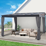 QZEN 10' x 13' Hardtop Lean to Gazebo, Wall Mounted Gazebo with Sloping Polycarbonate Roof and Netting & Curtain, Aluminum Frame Gazebo for Garden, Lawn, Backyard Deck (10’x13’) QZEN