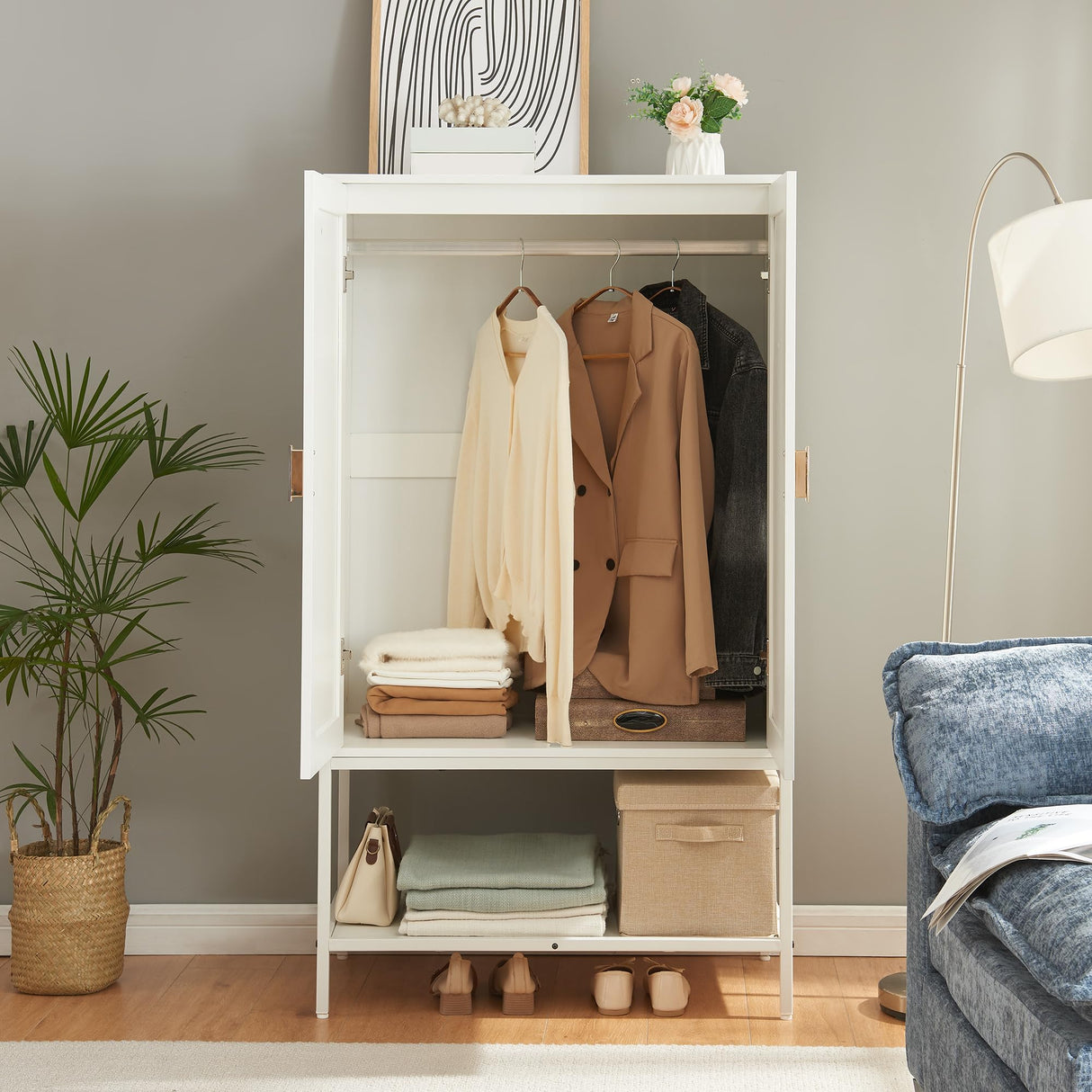 MtuxuYR Natural Rattan Wardrobe Closet，Elegant Handle Bedroom Armoire with Aluminum Hanging Rod,Wooden Freestanding Wardrobe Armoires with 2 Doors for Apartment Office(White) MtuxuYR