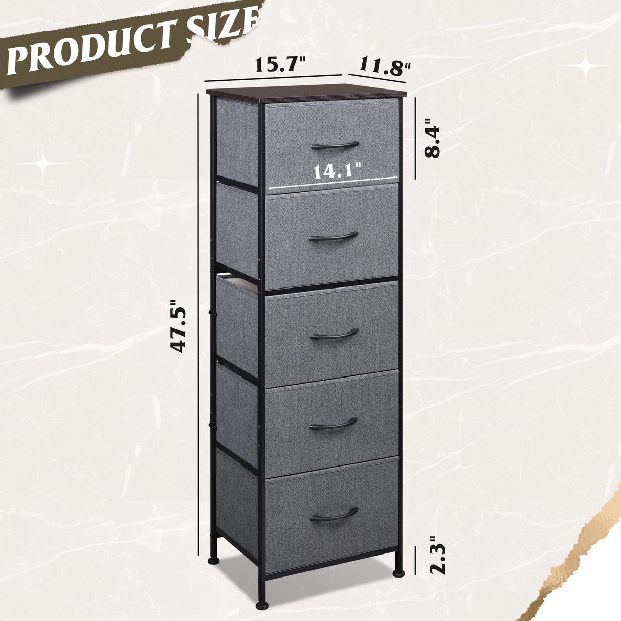 WLIVE Fabric Dresser, 5-Drawer Tall Dresser for Bedroom, Storage Dresser Organizer with Fabric Bins, Wood Top, Sturdy Steel Frame, Chest of Drawers for Closet, Hallway, Dark Grey WLIVE