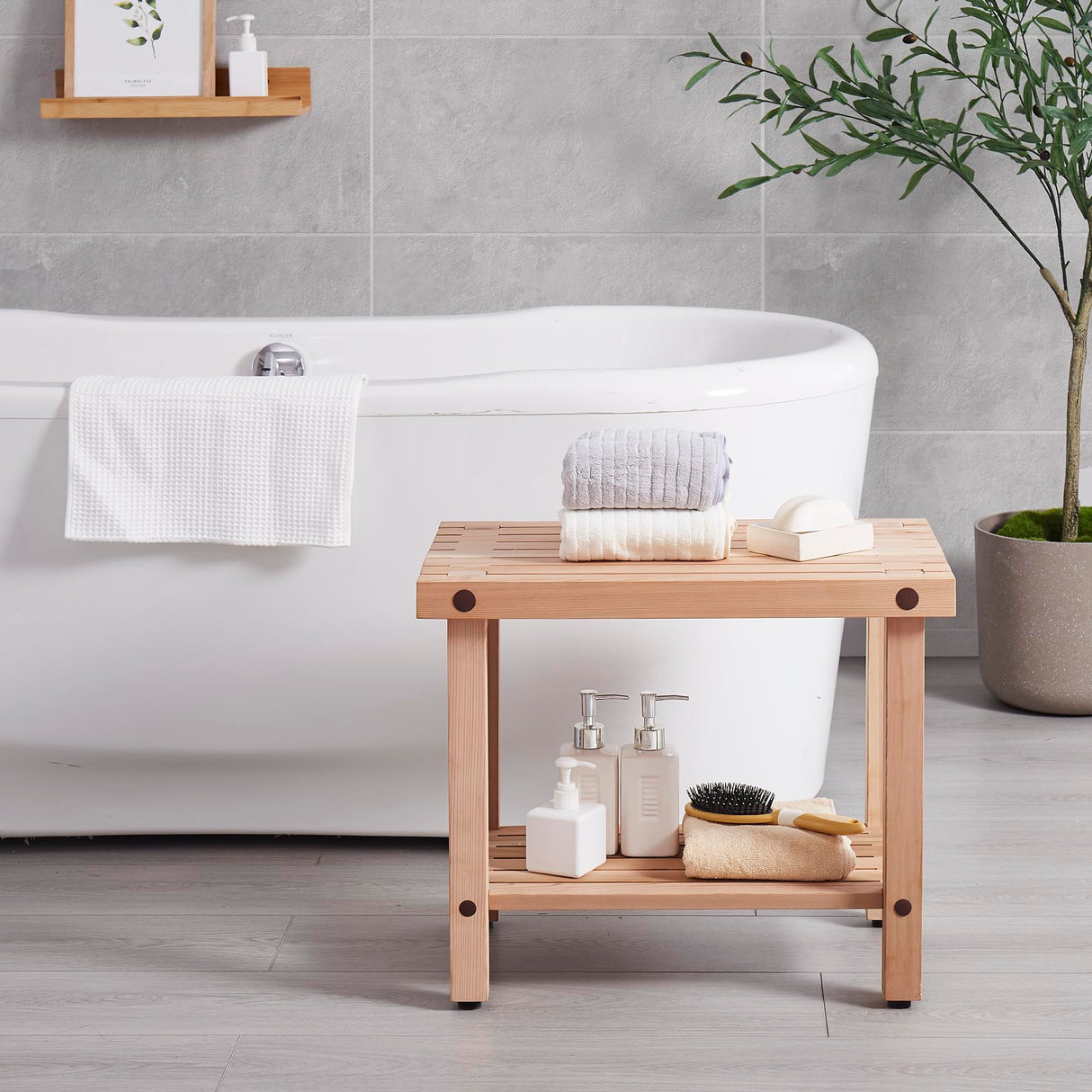 bingaai Cedar Wood Shower Bench 22" - Strong, Soft, Insulating, and Elegant Bathroom Bench for Comfortable Showers and Storage, Cedar Sauna Bench, Perfect for Spa, Patio & Garden Use bingaai