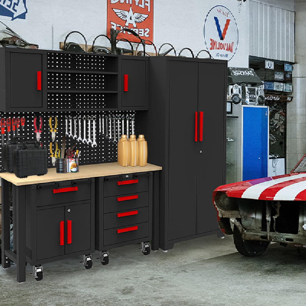 GSTANDARD 6 Piece Garage Cabinets Storage System: Includes Steel Cabinets, Drawers, Rolling Chest and Pegboard, Garage Workbench with Storage - Perfect for Organizing Garage and Tools, Black GSTANDARD