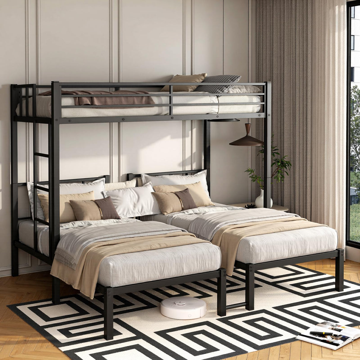 HKOLIE Heavy Duty Triple Bunk Bed for 3, Twin Over Twin Over Twins with Guardrails and Ladder, Metal Bunk Bed, 3 Bed Teens and Adults, No Box Spring Needed (Black) HKOLIE