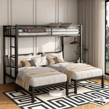 HKOLIE Heavy Duty Triple Bunk Bed for 3, Twin Over Twin Over Twins with Guardrails and Ladder, Metal Bunk Bed, 3 Bed Teens and Adults, No Box Spring Needed (Black) HKOLIE