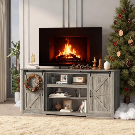 GarveeHome 70" Farmhouse TV Stands for 80" TVs, Rustic Wooden Entertainment Center with Adjustable Shelves & Sliding Barn Door, TV Console Table with Open Storage for Home, Dark Grey GarveeHome
