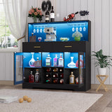 Wine Bar Cabinet with LED Light, Kitchen Coffee Bar Cabinet with Power Outlet, Home Liquor Cabinets with Glass Holder and Wine Racks, Modern Buffet Sideboard with Storage for Living Room, Kitchen SAHISTCT