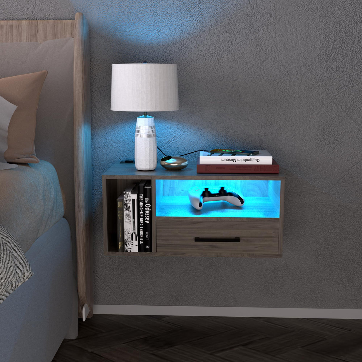 Bloddream Floating Nightstand with Charging Station and LED Light Strips, 21.3" Night Stand with Drawers, Floating Bedside with USB Ports and Outlets, Bedroom Furniture Bloddream
