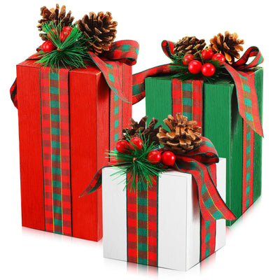 Amyhill 3 Pcs Christmas Table Centerpieces Christmas Rustic Wood Presents Faux Blocks Table Decor Tiered Tray Decor with Buffalo Plaid Bowknot Pine Cone Berries(Novel Style,2.76 Inches)