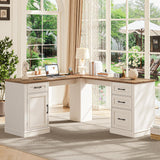 Farmhouse 59" L-Shaped Executive Desk with Drawers, Wood Home Office Corner Desk with Charging Station, File Drawer, Storage Cabinet, Rustic Computer Writing Desk for Home Office (Antique White). Vabches