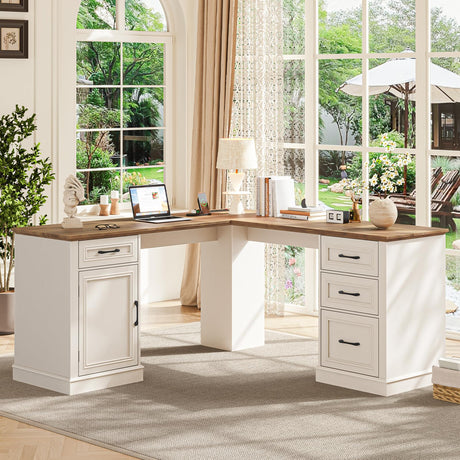 Farmhouse 59" L-Shaped Executive Desk with Drawers, Wood Home Office Corner Desk with Charging Station, File Drawer, Storage Cabinet, Rustic Computer Writing Desk for Home Office (Antique White). Vabches