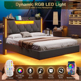 busyaeh Dark Gray Floating Bed Frame Queen with Hidden Storage, Charging Station & LED Lights busyaeh