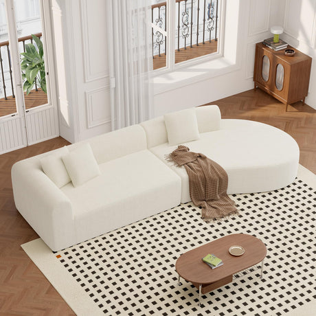 Luxanimarion Modern Style Curved Sofa, Upholstery Corduroy Sofa Couch with 3 Pillows, Oversized Sleek Curved Sectional Boucle Fabric Couch for Living Room White Luxanimarion