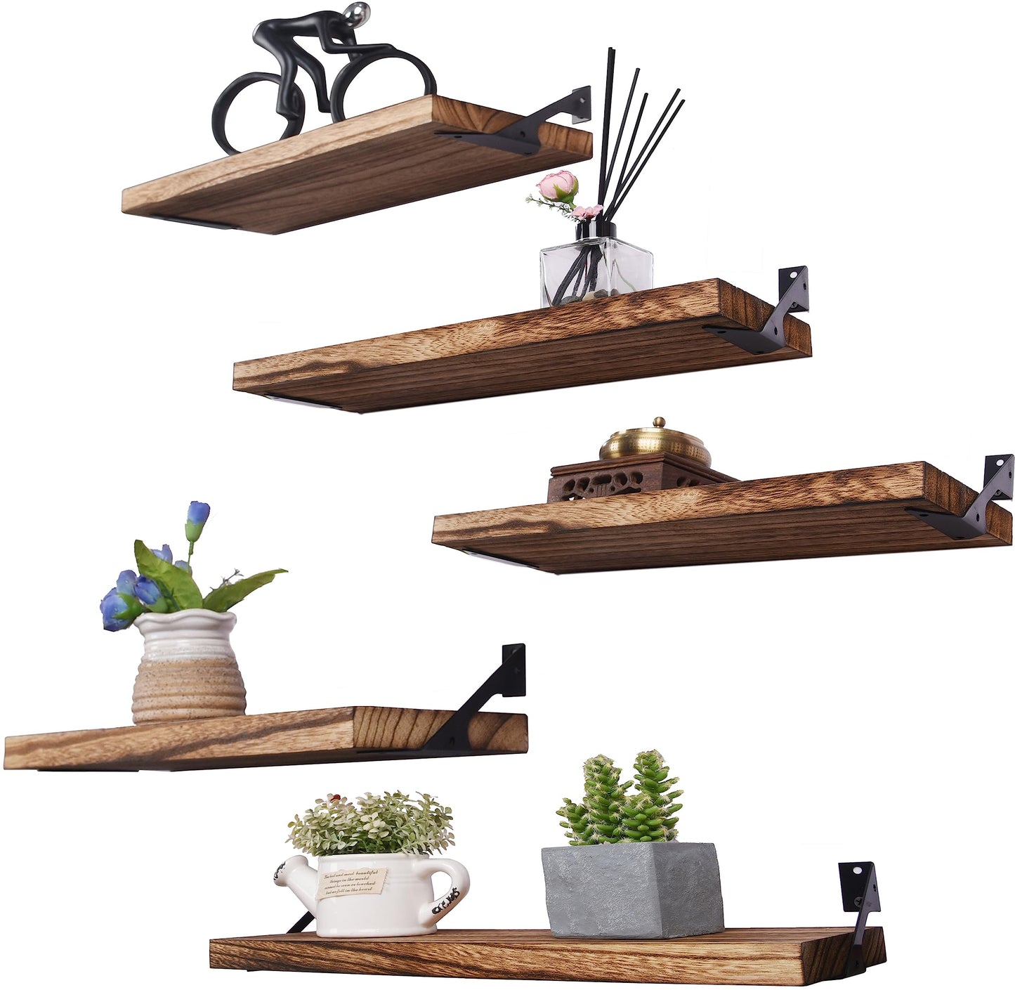 HXSWY Rustic Wood Floating Shelves for Wall Decor Farmhouse Wooden Wall Shelf for Bathroom Kitchen Bedroom Living Room Set of 5 Light Brown