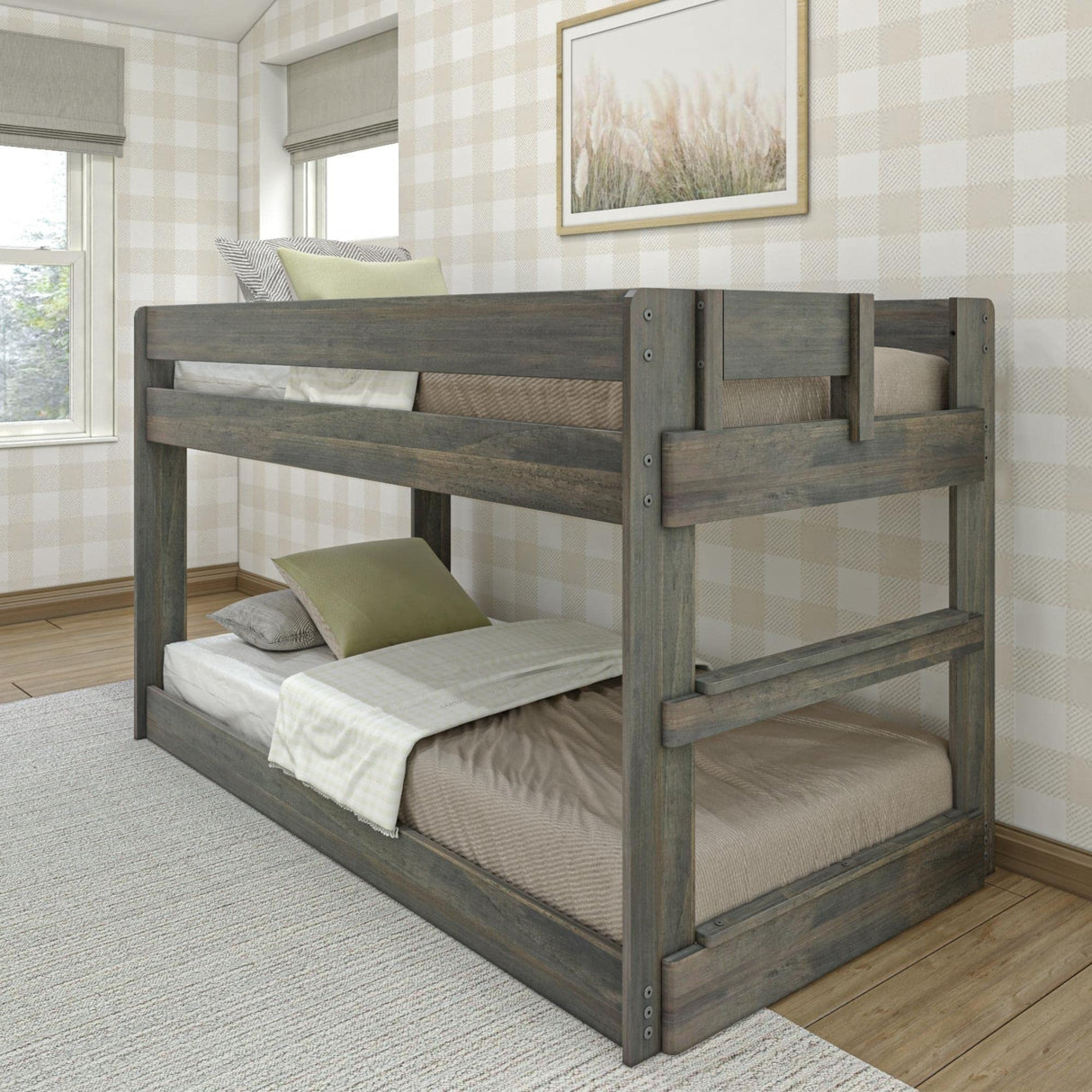 Max & Lily Modern Farmhouse Low Bunk Bed, Twin-Over-Twin Bed Frame For Kids, Driftwood Max & Lily