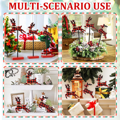 3 Pieces Christmas Table Decorations Wood Reindeer Set, Plaid Christmas Tiered Tray Decor,Rustic Christmas Reindeer Table Decorations for Home(Plaid)