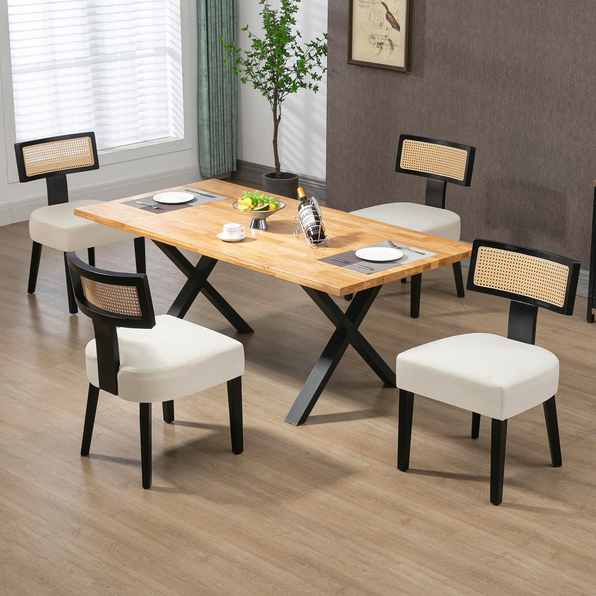 WQSLHX Linen Upholstered Farmhouse Dining Chairs Set of 4, Modern Rattan Dining Room Chairs with Wood Legs, Curved Backrest Kitchen Chairs Armless Accent Chairs for Living Room, Cream WQSLHX