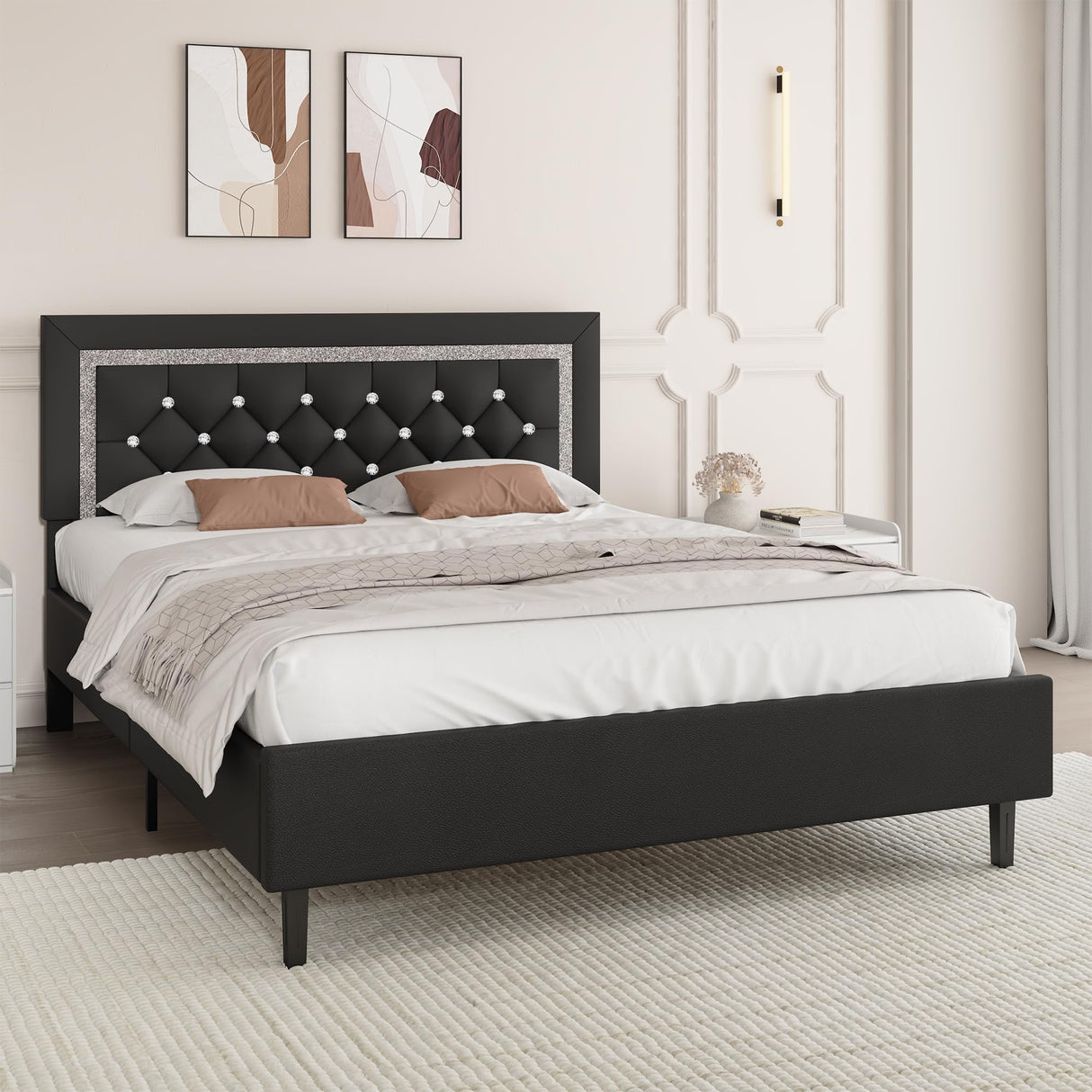 BarnFurin Queen Bed Frame with Tufted Button Headboard, Upholstered Platform Bed Frame with Diamond Design, Strong Wood Slat Support, No Box Spring Needed, Easy Assembly, Black BarnFurin
