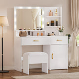YITAHOME Vanity Desk with Mirror, Makeup Vanity Set with Power Strip, 9 Dimmable Bulbs, Drawers, Cabinet, Shelves, and Stool, 3-Color Adjustable Lighting, Elegant Vanity for Dressing Room, White YITAHOME
