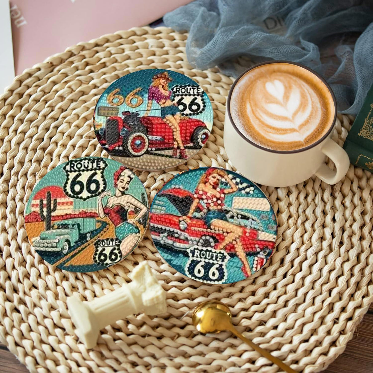 Mrnsiet 8 Pcs Car Diamond Art Coasters Kits for Adults, Highway Landscape Diamond Painting Coaster with Holder, Non Slip Hardwood Bases Coaster Set Gift for Beginners 4x4 Inch Mrnsiet