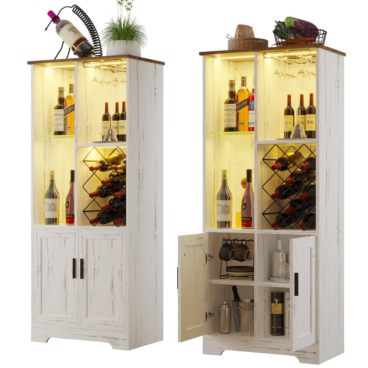 Kasibie Wine Cabinet, Wine Bar Cabinet with LED Lights, Liquor Cabinet with Glass Holder Wine Rack, Farmhouse Modern Liquor Cabinet with Storage for Home (Wood White) Kasibie