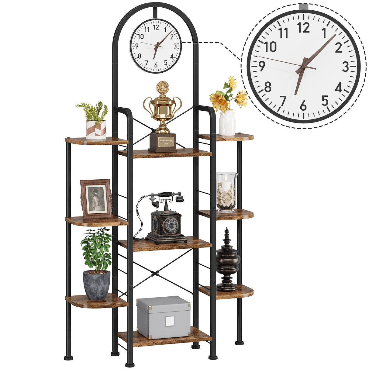 HIGDBFE Bookshelf with Wall Clock, Triple Bookcase with Open Display Shelves, Industrial Style Book Shelves, Modern Display Shelf for Living Room, Bedroom, Home Office, Rustic Brown HIGDBFE
