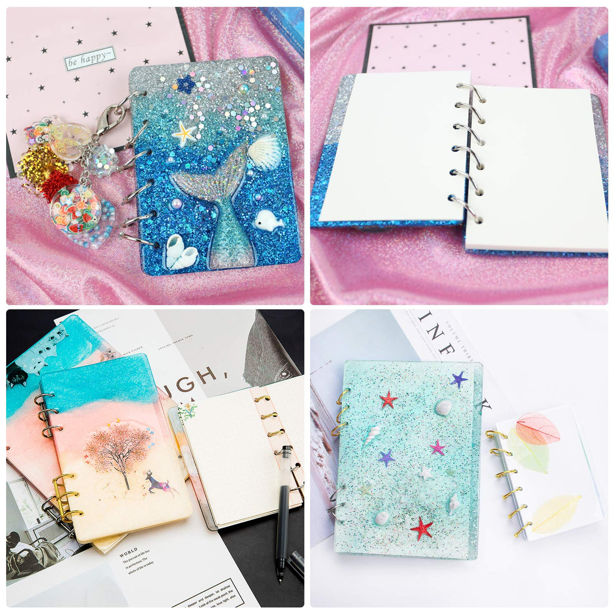 NiArt A4 Large Notebook Cover Epoxy Resin Silicone Molds A4,A5,A6,A7 Bookmark 40PCS Loose Leaf Binder Rings Kit DIY Casting Tool Handmade Agate Art Craft Soft Shiny Glossy Finish Easy Unmold Journal NiArt