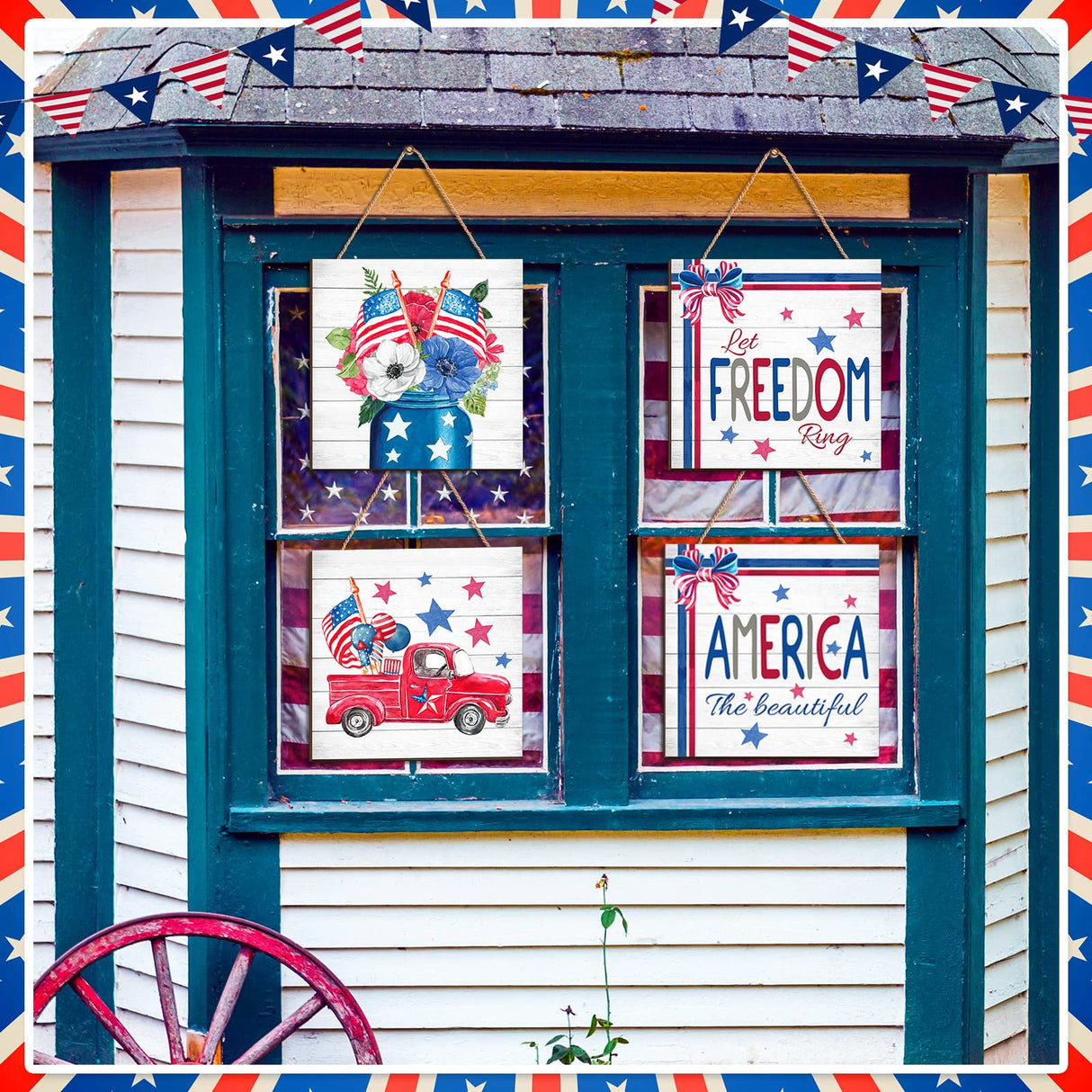 4 Pcs 4th of July Sign Rustic Wood Decor Farmhouse Patriotic Decor America Wall Hanging Plaque Red Blue White Wooden Wall Decor for Home Front Door Kitchen Office School, 7.87 x 7.87 Inch Purpeak