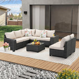 JOYURE 8 Pieces Patio Furniture Set All-Weather Outdoor Wicker Sectional Conversation Sofa Rattan Patio Seating Sofa with Cushion and Glass Table for Porch Poolside,Beige JOYURE