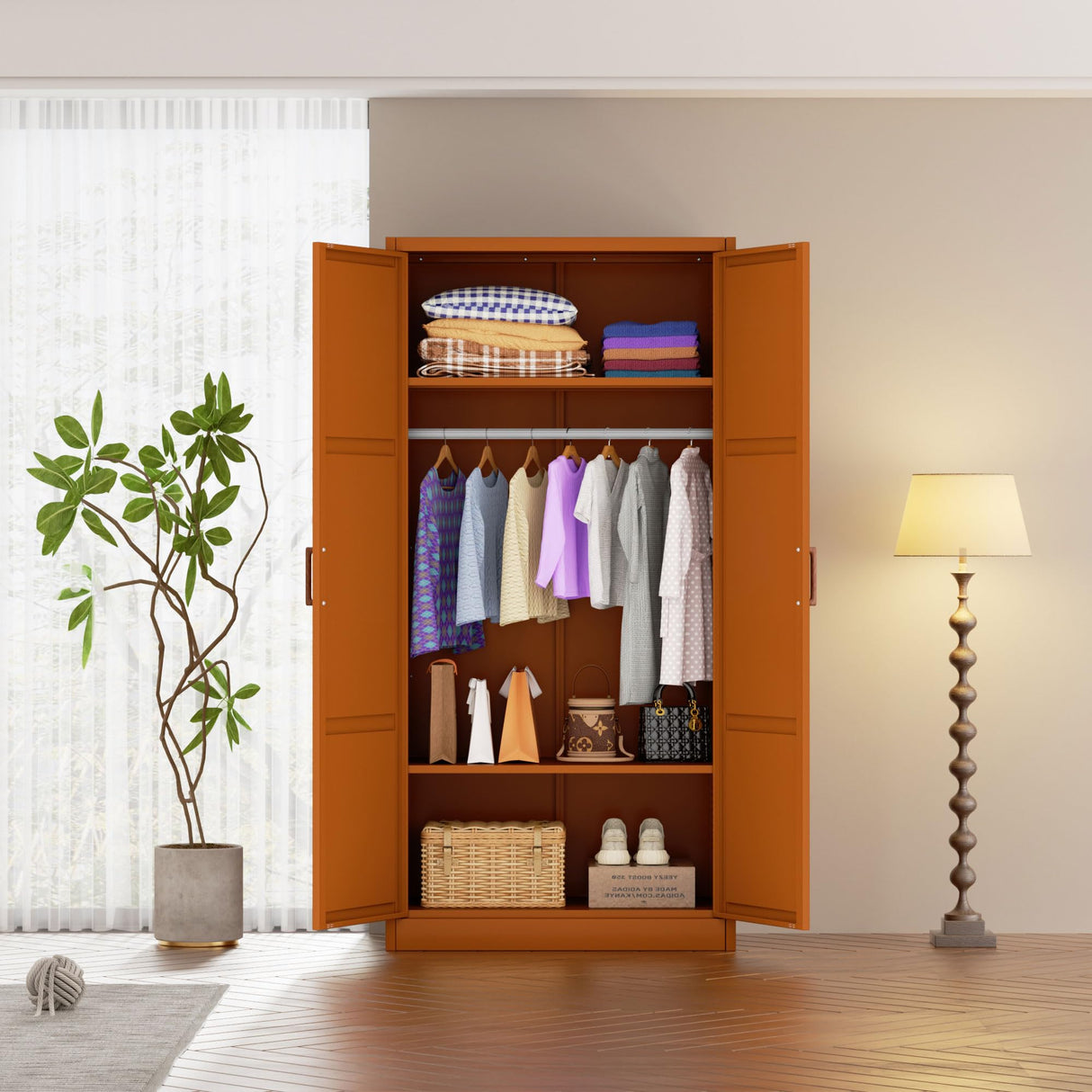 INTERGREAT Metal Armoire Wardrobe Closet with Doors, 71'' Wardrobe Cabinet with Hanging Rod, Armoire with Shelves, Tall Clothing Storage Cabinet for Bedroom, Brown INTERGREAT