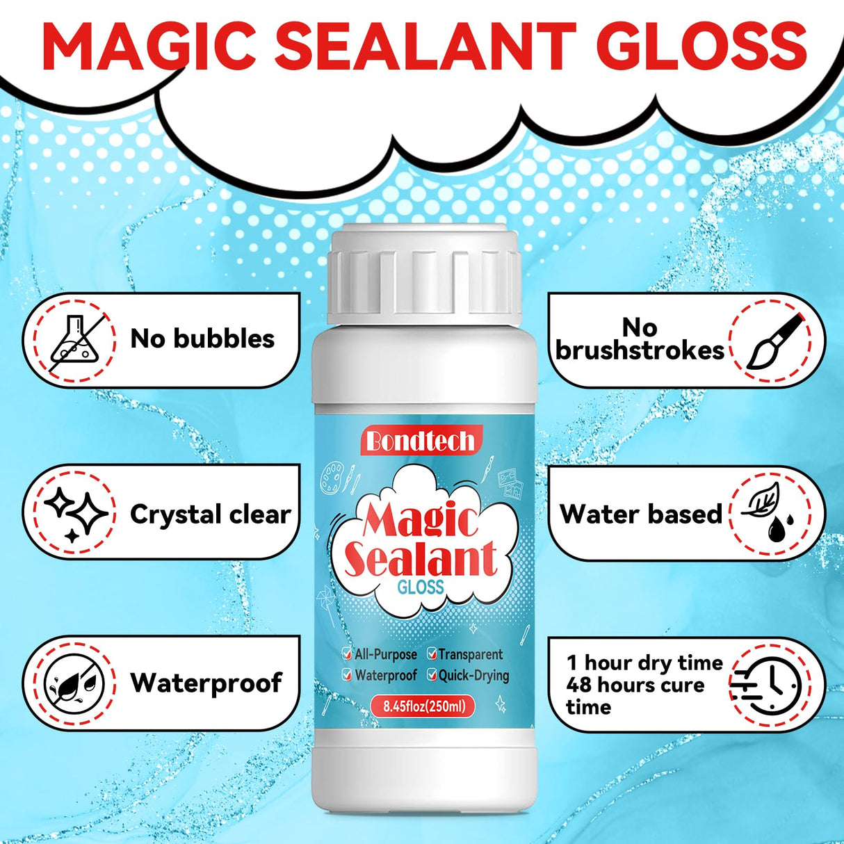 8 OZ Gloss Sealer, Glue & Finish, Air Dry Clay Glaze, Clear Decoupage Glue, Waterbase Clay Varnish for DIY Crafts, Wood, Paper, Art Projects, Craft, Painting, Puzzle,Ceramics,Magic Sealant 250 ML Bondtech