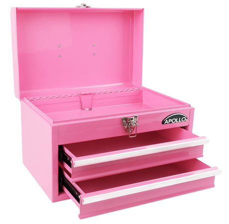 Apollo Tools 14 Inch Steel Tool Box with Deep Top Compartment and 2 Drawers in Heavy-Duty Steel With Ball Bearing Opening and Powder Coated Finish - Pink Ribbon - Pink - DT5010P Apollo