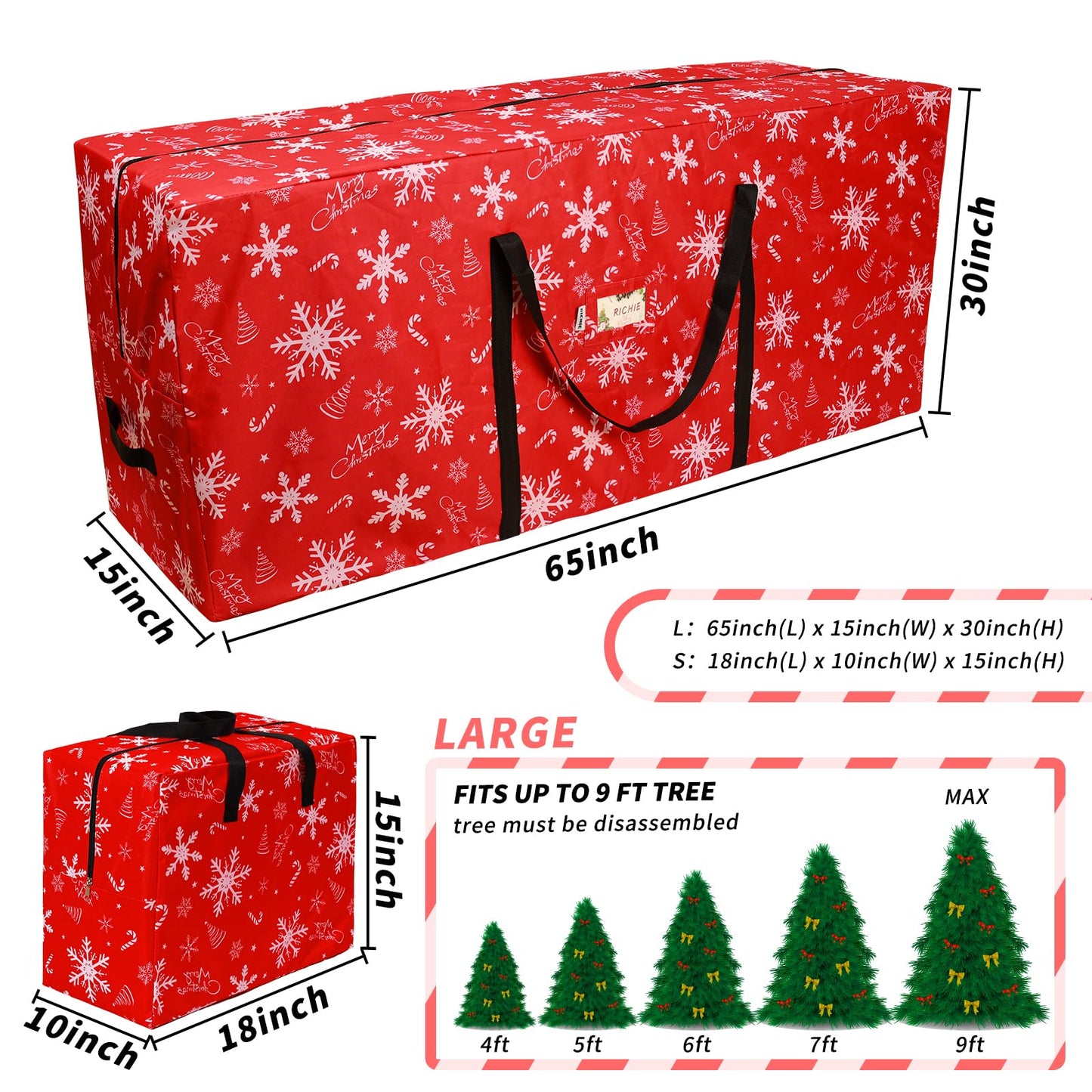 RICHIE Christmas Tree Storage Bag 9ft (3pc Set), 600D Oxford Tear-proof Xmas Tree Bag, Fits Up to 9 Foot Artificial Trees, Reinforced Handles & Zippered & Durable, Holiday Decoration Storage Bags, Red