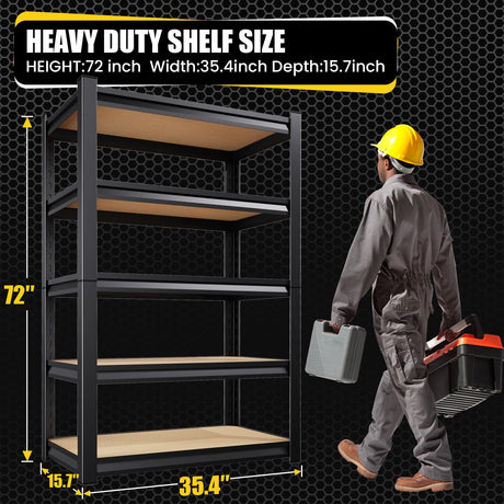 72”H*36”W Garage Shelving Heavy Duty, Adjustable Garage Shelves, 2000LBS Storage Shelves, 5-Tier Metal Shelving Units, Easy Assembly Wood Shelves, Utility Storage Rack Shelf for Warehouse,Black CVGFDR