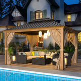 EROMMY 10' x 12' Gazebo, Wooden Finish Coated Aluminum Frame Canopy with Double Galvanized Steel Hardtop Roof, Outdoor Permanent Metal Pavilion with EROMMY