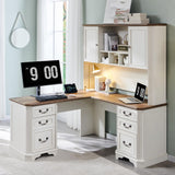 T4TREAM 59" L Shaped Executive Desk with Hutch,Farmhouse Wood Computer Desk, Featuring Charging Station,File Drawer, Storage Cabinet,for Home Office Work and Study (Antique White) T4TREAM