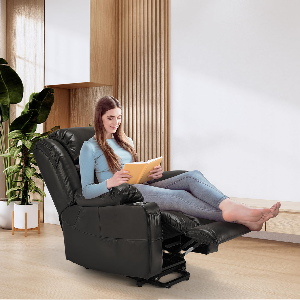 Outspurge Power Lift Recliner Leather Chair Sofa with Massage & Heat, Lazy Boy Chair with Cup Holders, USB & Type-C Ports, Remote Control (Black) Outspurge