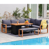 Grand patio 4-Piece Outdoor Furniture Set with Gas Fire Pit Table, Aluminum Patio Sofa Set for 8 with Faux Wood Grain Finish, Modern Patio Couch Sofa with Outdoor Bench and Chaise for Backyard Grand patio
