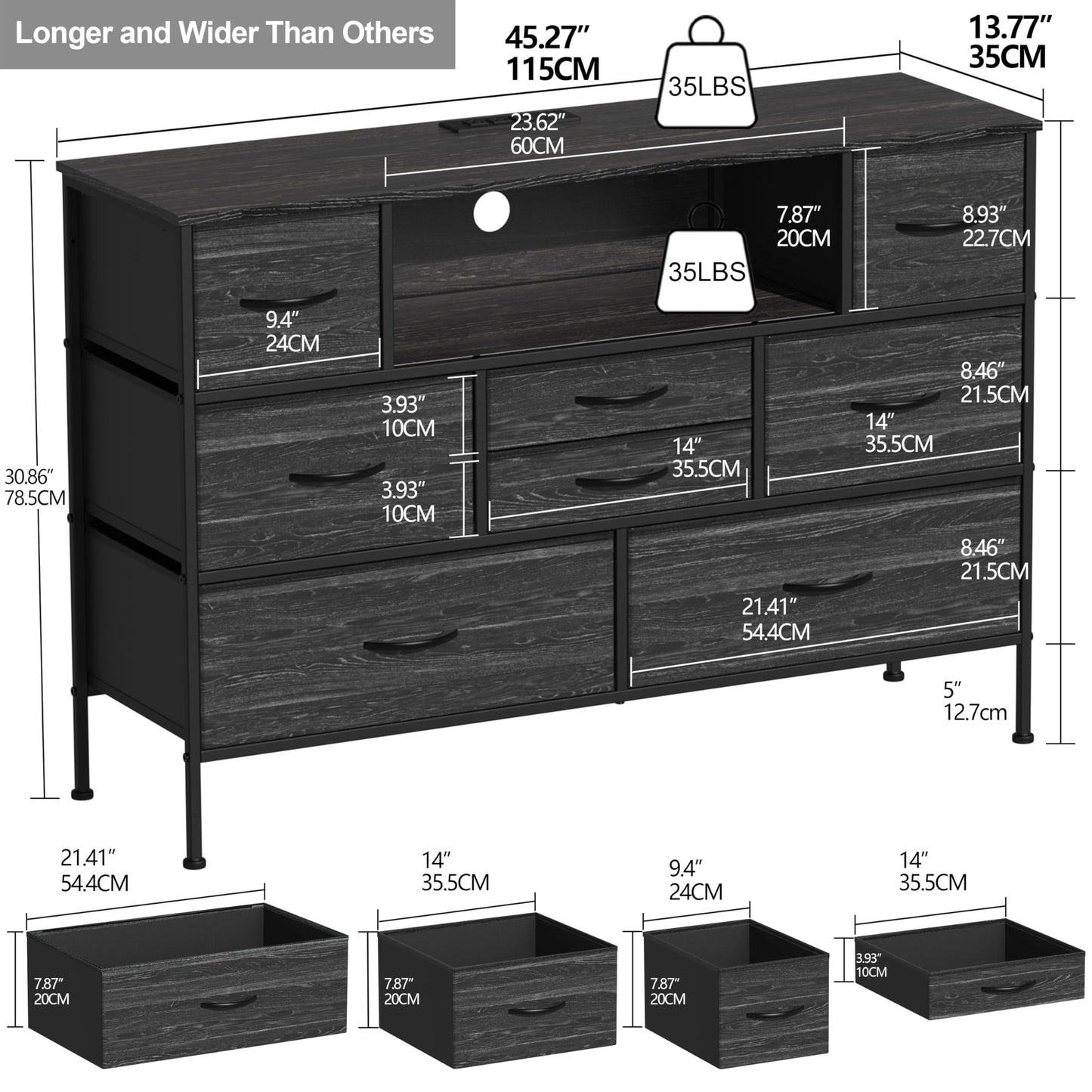 Simoretus Wide Dresser with Charging Station and LED Light for Bedroom 8 Fabric Drawers Chest of Drawers with Power Outlet Storage Open Shelf for Living Room TV Stand Closet Hallway (Charcoal - WoodArtSupply