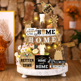 Soaoo 16 Pcs Highland Cow Tiered Tray Decor Gnome Plush Tray Decor Farmhouse Rustic Wood Table Signs with String Lights for Holiday Table Centerpieces Home(Highland Cow) Soaoo