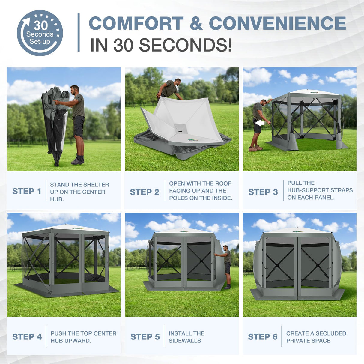 COBIZI Pop Up Gazebo Screen Tent Screen House for Camping, 10x10 Screen Room with Mosquito Netting, Hub Tent Instant Screened Canopy with Carrying Bag and Ground Stakes, Gray COBIZI